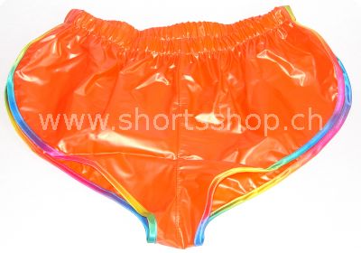 PVC-Shorts Andreas orange mit regenbogenfarbiger Einfassung