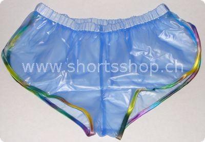 PVC-Shorts Andreas transparentblau mit regenbogenfarbiger Einfas