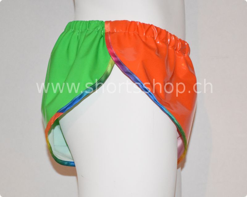 Lackshorts Chris orange/gr&uuml;n mit regenbogen Einfassung
