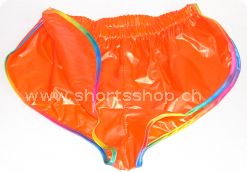 PVC-Shorts Andreas orange mit regenbogenfarbiger Einfassung