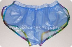 PVC-Shorts Andreas transparentblau mit regenbogenfarbiger Einfas