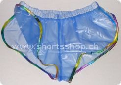 PVC-Shorts Andreas transparentblau mit regenbogenfarbiger Einfas